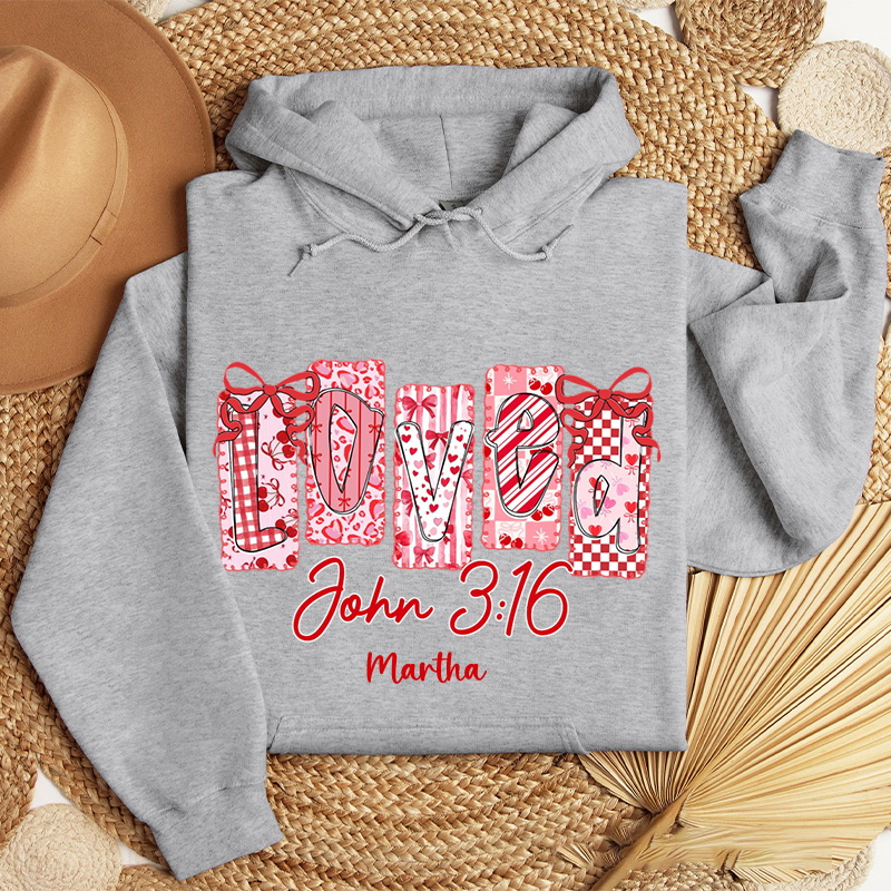 Personalized Loved John 3:16 Classic Hoodies with Name Retro Bible Verse Hoodies Religious Gift Valentines Day Gift for Girls