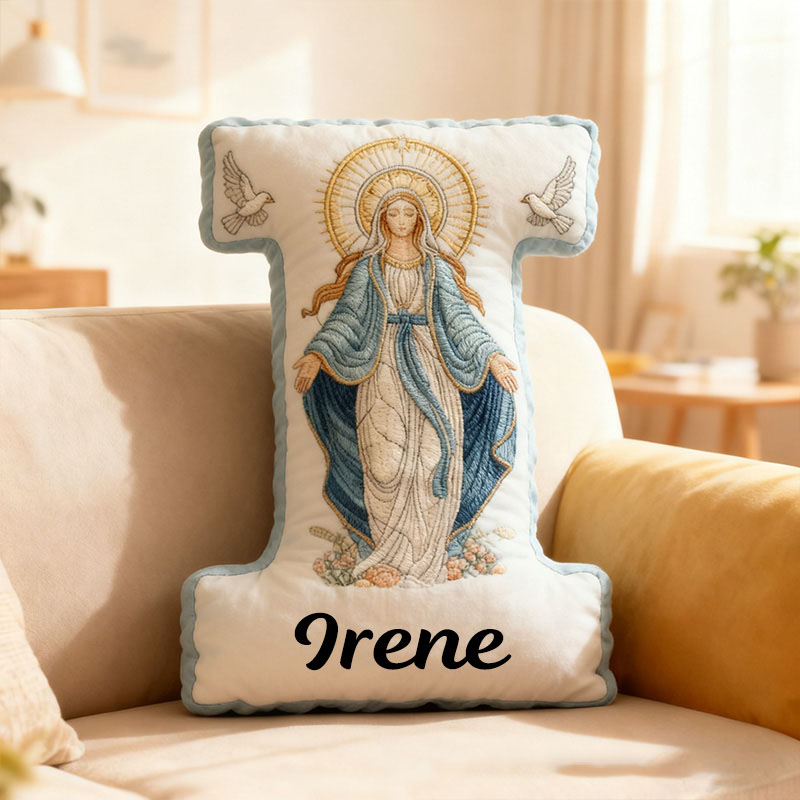 Personalized Virgin Mary Letter Pillow with Custom Name Christian Home Decor Catholic Gift for Her Our Lady of Grace Doves and Floral Graphic 3D Print