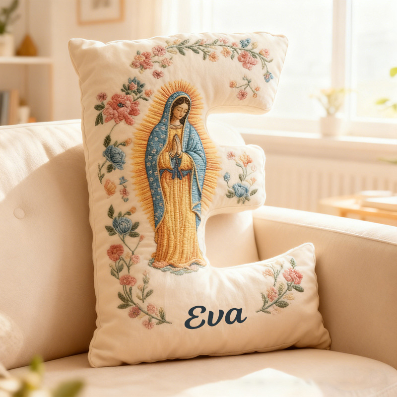Personalized Virgen de Guadalupe Letter Pillow with Custom Name Religious Home Decor Catholic Gift for Her Blessed Mother Gift Floral Graphic 3D Print