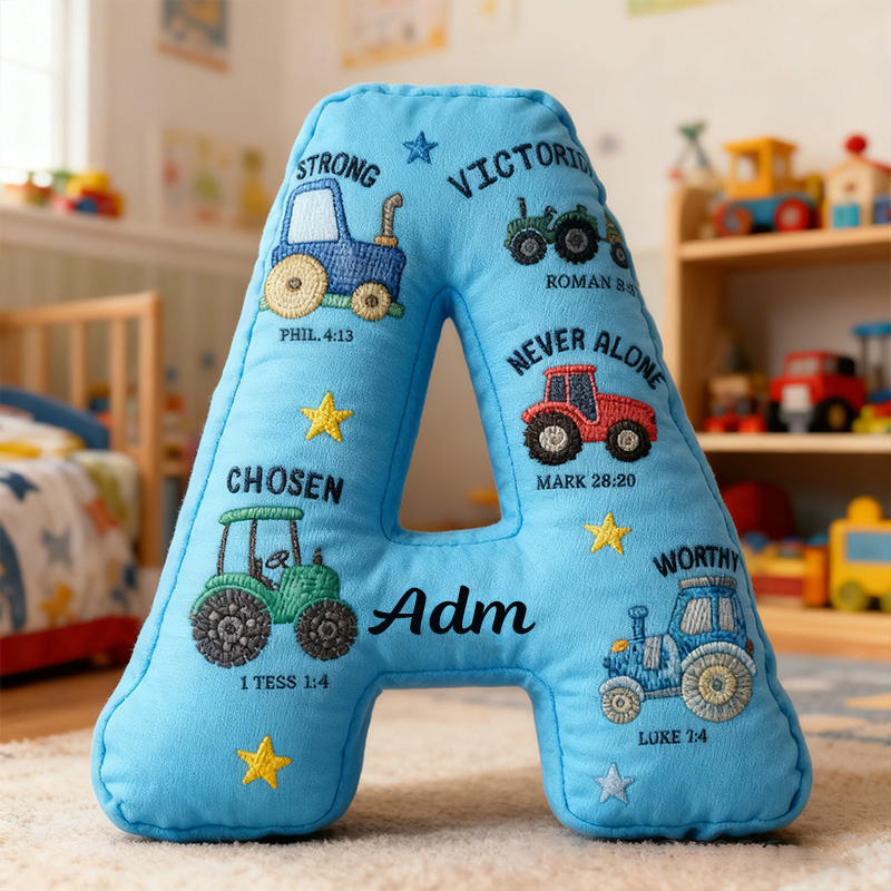 Personalized God Says I am Bible Verse Tractors Letter Pillow with Custom Name Kids Room Decor Religious Gift for Boys Scripture Baptism Gift 3D Print
