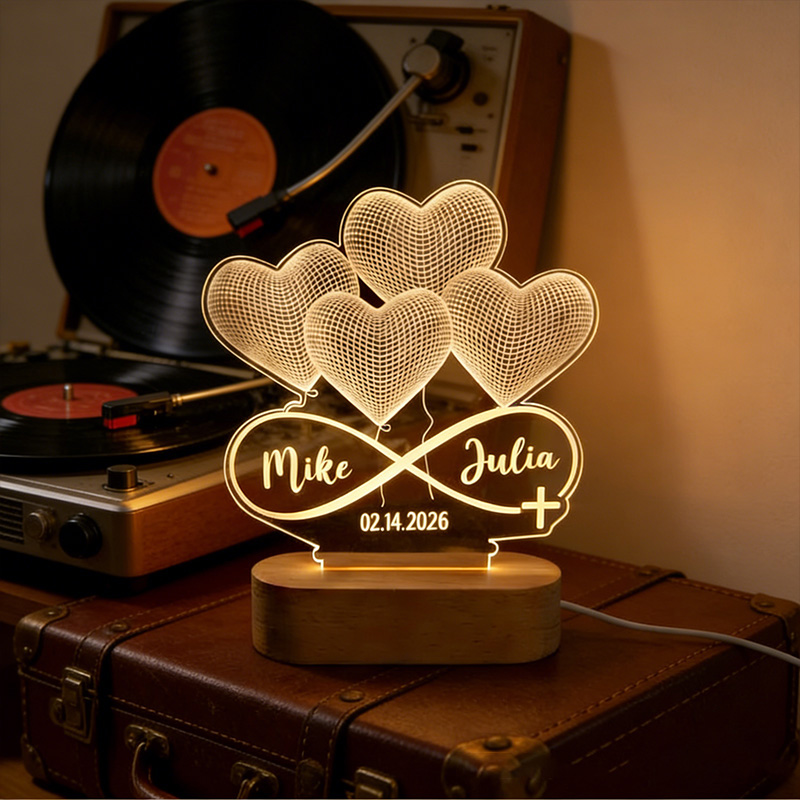 Personalized Infinity Heart Cross 3D Illusion LED Lamp with Wooden Base with Custom Names and Date Valentines Gift for Couple Anniversary Gift