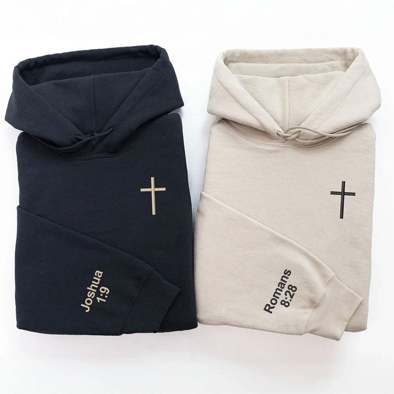 Personalized Cross Embroidered Hoodies with Custom Bible Verse On the Sleeve Couple Matching Sweatshirt Valentine Day Gift Couples Gift