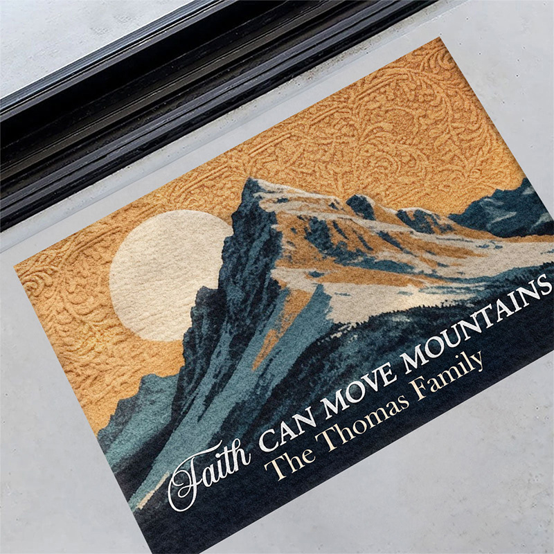 Personalized Faith can Move Mountains Doormat with Custom Family Name Non-Slip Durable Front Door Decor Religious Gift for Faithful Family