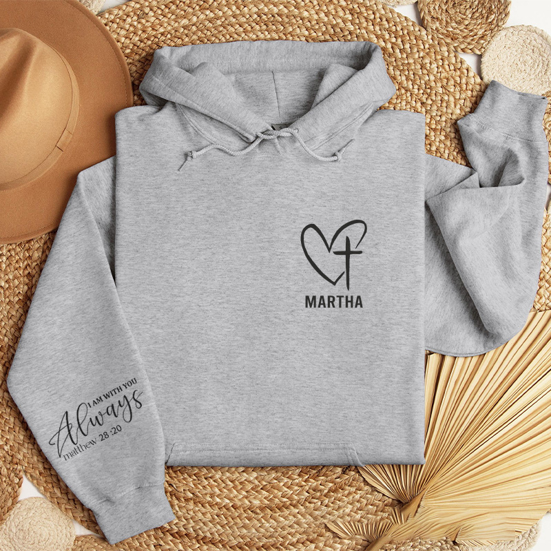 Personalized I am with You Always Heart and Cross Classic Hoodies with Custom Name Bible Verse Sleeve Print Sweatshirt Valentine Day Gift for Her