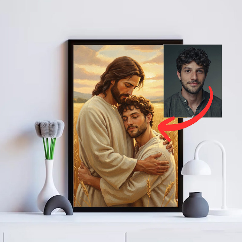 Personalized Jesus Embrace Poster with Custom Photo Wall Decor Christmas Christian Artwork Religious Painting Gift Faith Art Print