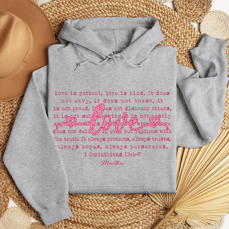 Personalized Love is Patient Love is Kind Classic Hoodies with Custom Name Retro Love Leopard Christian Valentine Sweatshirt Valentine's Day Gift