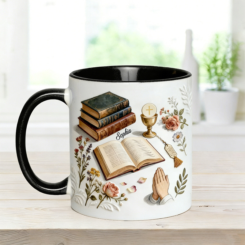 Personalized Just A Girl Who Loves Christ 11oz Ceramic Mug with Name Bible Prayer Hand Chalice Floral Coffee Cup Religious Christian Gift for Women