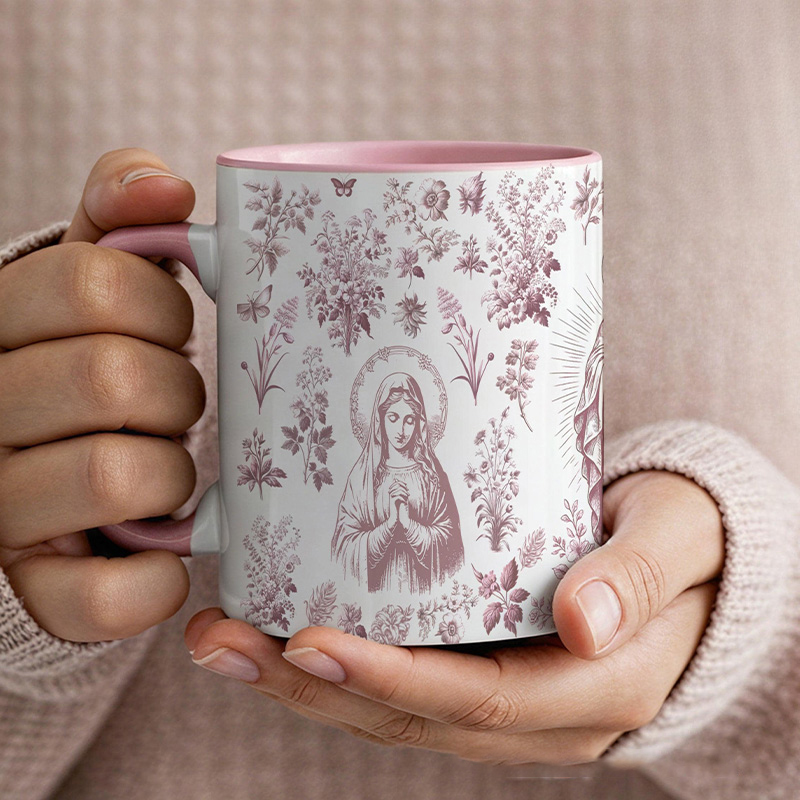 Personalized Catholic Virgin Mary Pink French Toile 11oz Ceramic Mug with Name Our Lady Coffee Cup Floral Catholic Marian Mug Christian Gift for Women