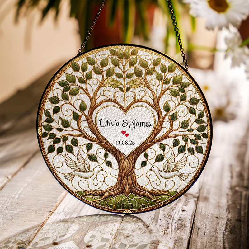 Personalized Tree of Life Wedding Stained Glass Suncatcher Ornament with Custom Name and Date Heart Dove Window Hanging Decor Religious Wedding Gift
