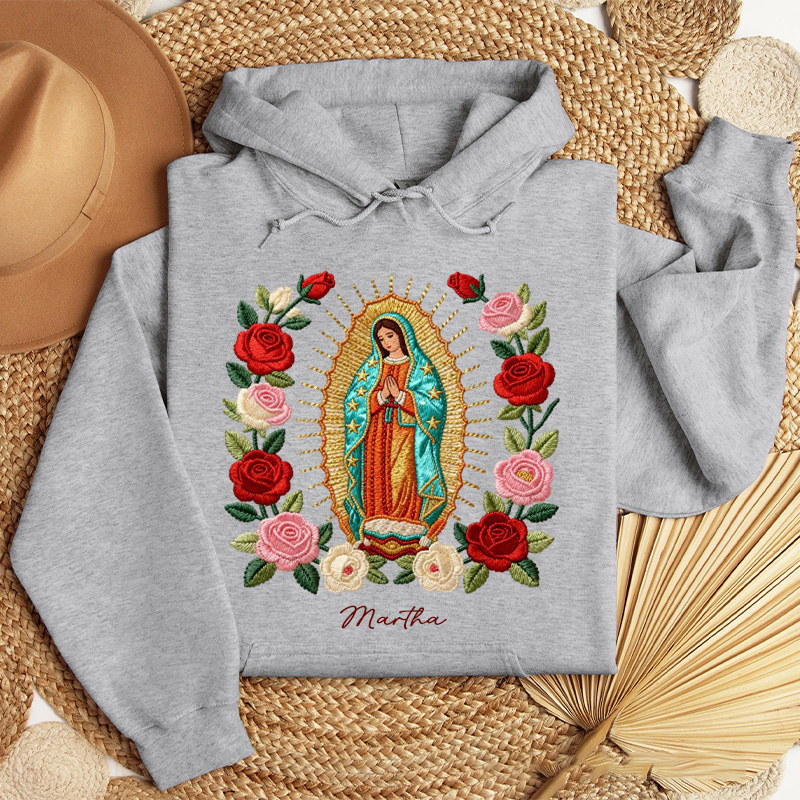 Personalized Our Lady of Guadalupe Classic Hoodies with Custom Name Graphic 3D Print Blessed Mother Mary Catholic Sweatshirt Faith Gift Religious Gift