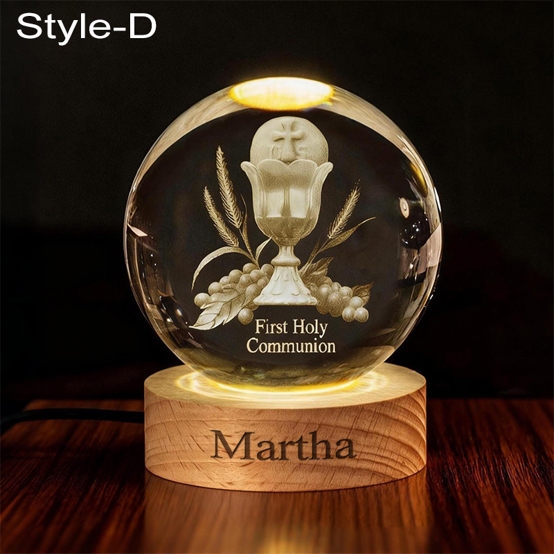 Personalized Cross 3D Engraved Crystal Ball Night Light With Custom Text in Wooden Base Home Decor Jesus Night Lamp Religious Gift Christmas Gift