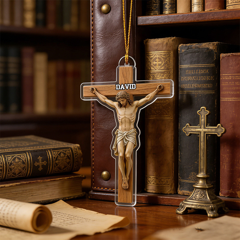 Personalized Jesus on the Cross Acrylic Ornament with Custom Name Christian Holiday Gift Decor Juses Keepsake Faith Based Gift Religious Gift