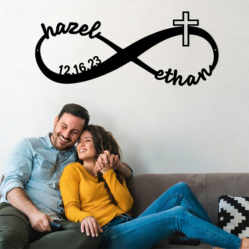 Personalized Infinity with Cross Metal Sign with Custom Names and Date Wall Art Wedding Gift for Couple Anniversary Gift Christian Gift Religious Gift