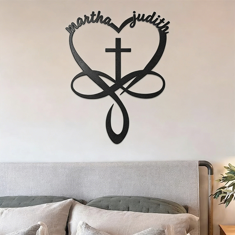 Personalized Heart Cross Infinity Metal Sign with Custom Names Wall Art Vintage Religious Decorations Wedding Gift for Couple Religious Christian Gift