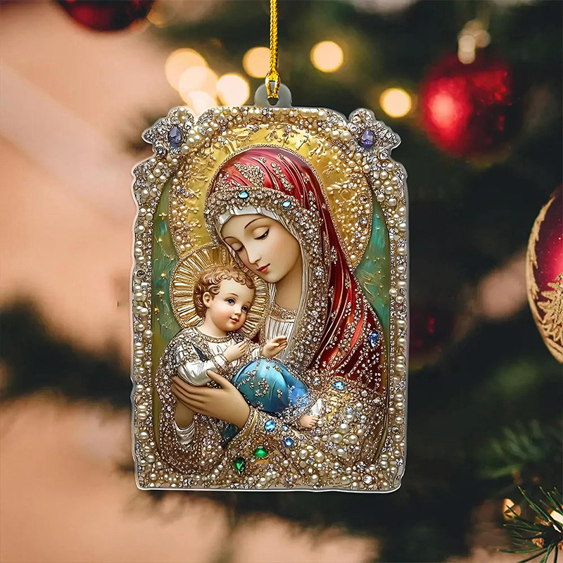 Personalized Virgin Mary and Baby Jesus Acrylic Ornament with Custom Name Religious Christmas Tree Decor Catholic Christian Icon Ornament Holiday Gift
