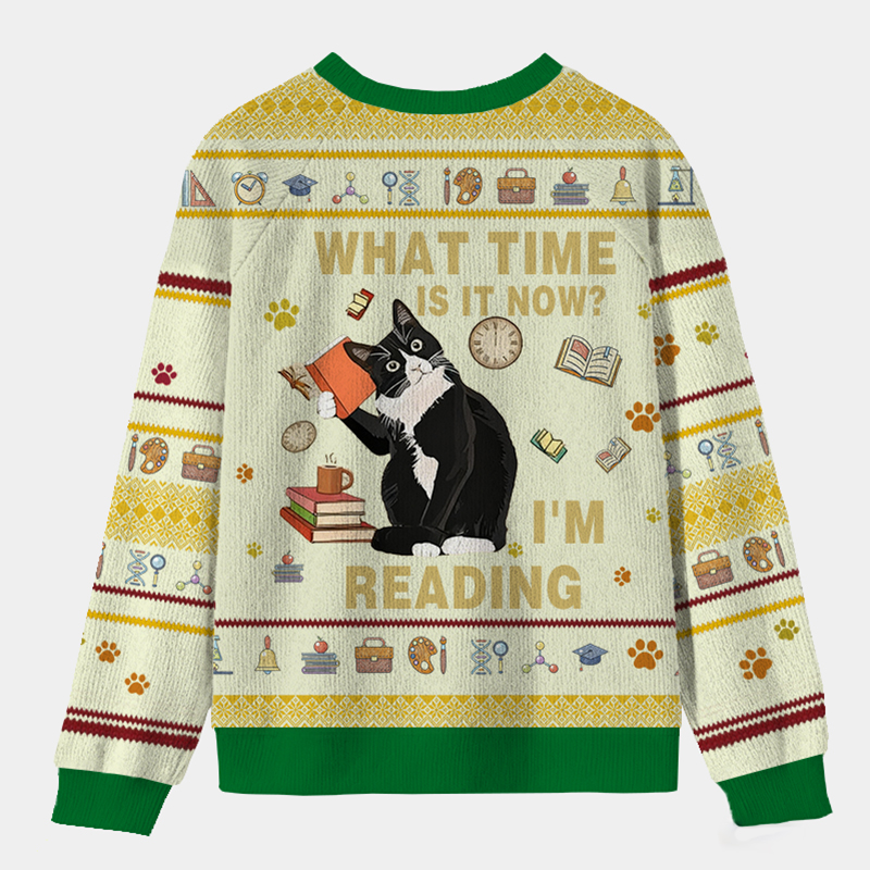 Personalized Book Loving Cat Reading Time Ugly Sweater Holiday Gift for Book Lovers