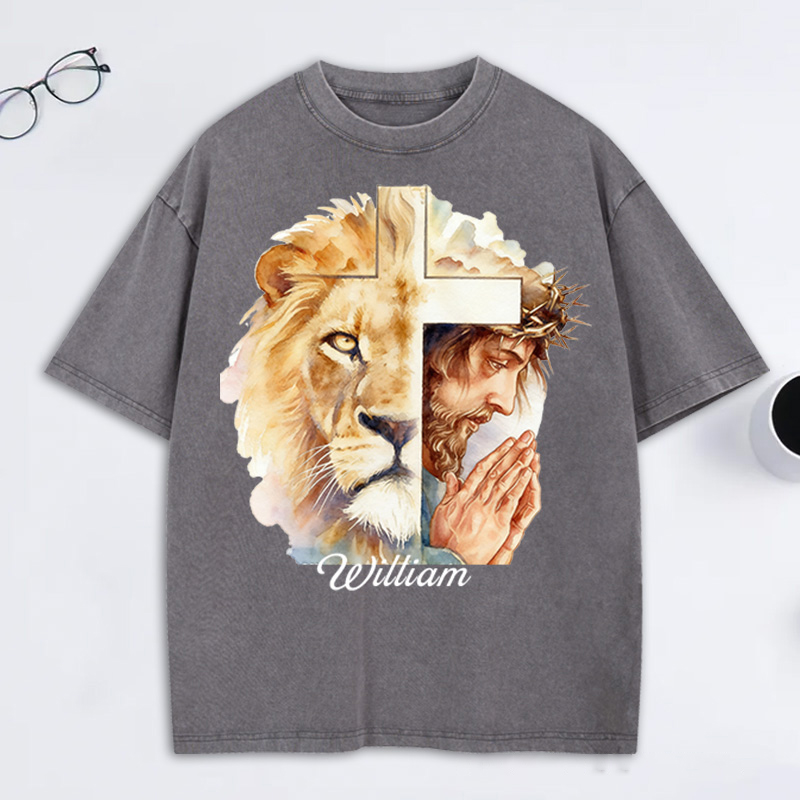 Personalized Man of God Lion of Judah Washed T-Shirt with Custom Name Jesus Tee Religious Gift Christian Gift for Men