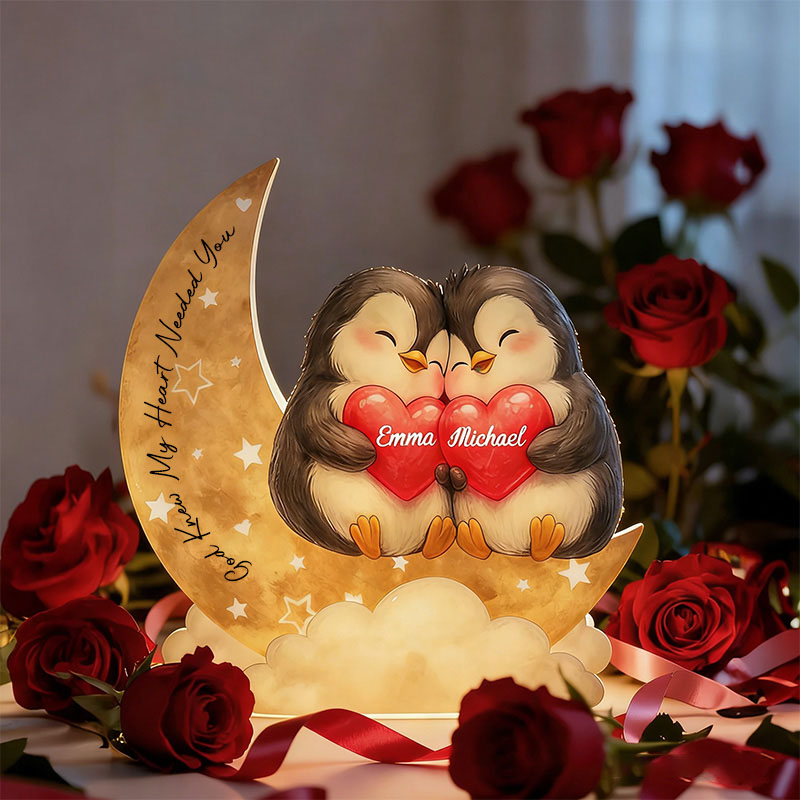 Personalized God Knew My Heart Needed You Penguin Couple Heart Star Moon Acrylic LED Night Light with Name and Text Valentine's Day Gift for Couple