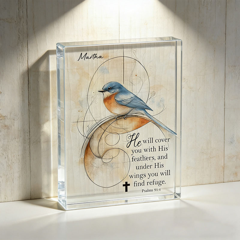 Personalized Bluebird Psalm 91:4 Acrylic Block with Custom Name Scripture Wall Art Faith Home Decor Christian Gifts for Women