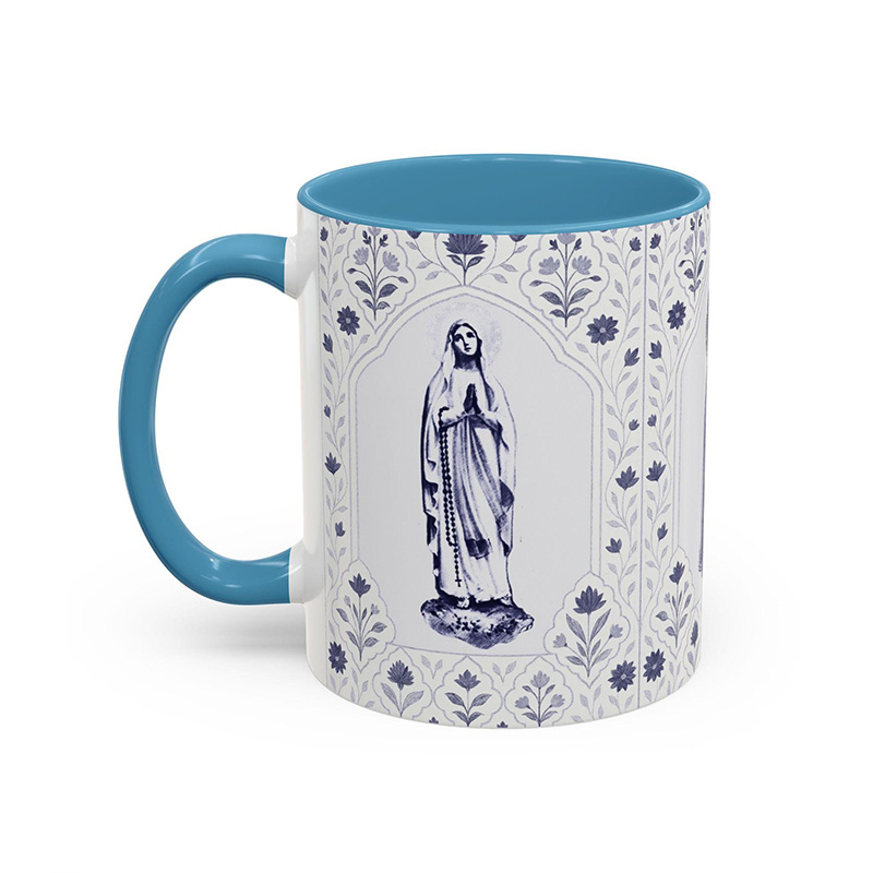 Personalized Vintage Blue Virgin Mary 11oz Ceramic Mug with Custom Name Floral Catholic Our Lady Coffee Mug Marian Coffee Cup Catholic Gift for Women