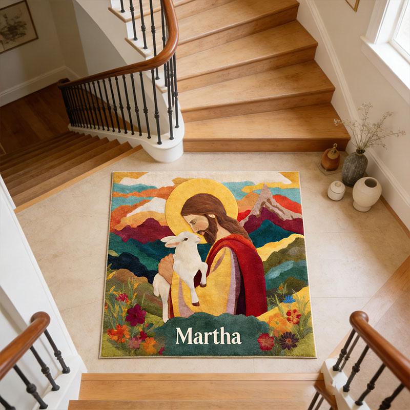 Personalize Jesus and Lamb Rug with Custom Name Religious Rug for Women Faith Based Gift Christian Gift for Her