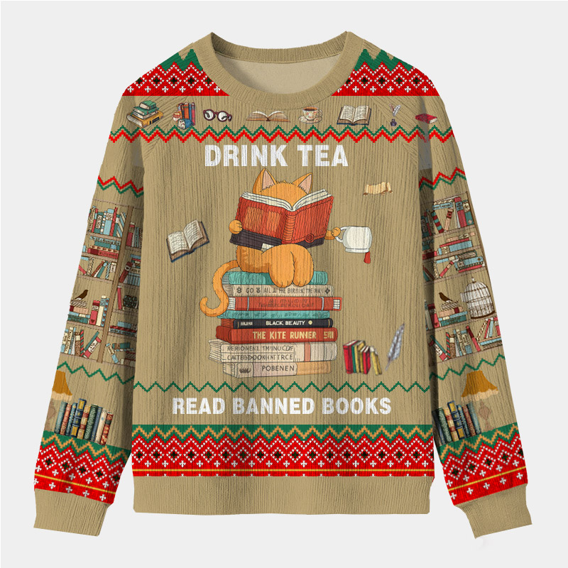 Personalized Rebel Reader Tea Time Ugly Sweater Holiday Gift for Book Lovers