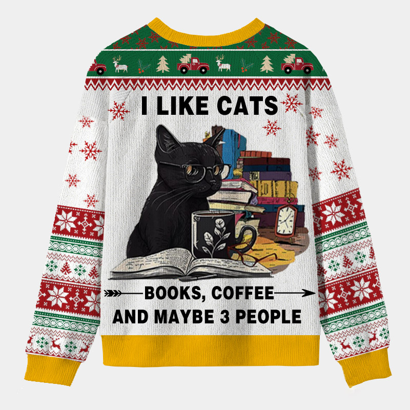 Personalized Reading Cat Relax Vibes Ugly Sweater Festive Gift for Bookworms