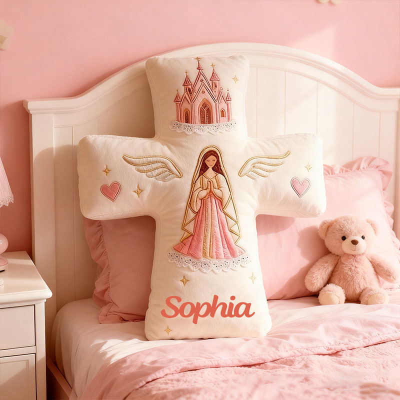 Personalized Virgin Mary Cross Pillow with Custom Name Kid Room Decor Church Cross Angel Wing Religious Faith Gift for Her Graphic 3D Print Pillow