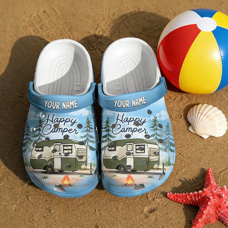 Personalized Forest Happy Campers Slide Sandals Custom Camping Unisex Clogs Gift for Camping Lovers