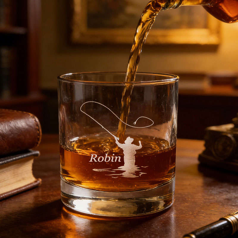 Personalized Fishing Whiskey Glass Fly Fisherman Whiskey Glass Outdoor Fishing Gift for Husband Him