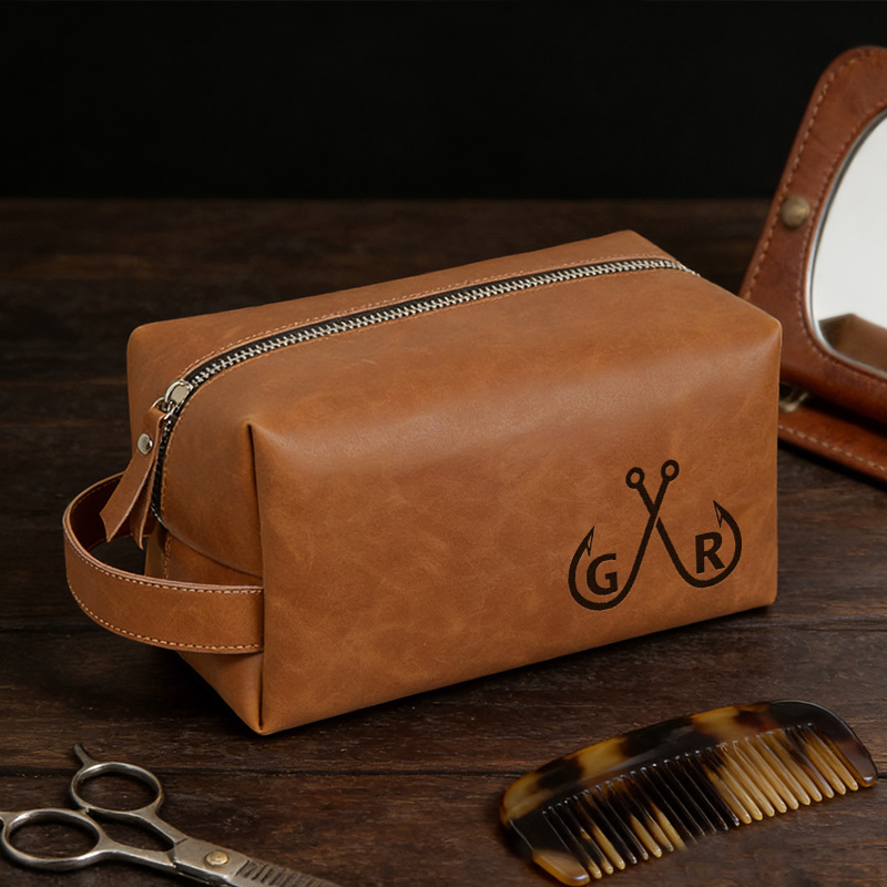 Personalized Leather Dopp Kit Engraved Fishing Toiletry Bag Hunter Gift for Dad Husband Father