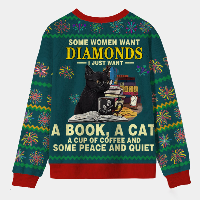 Personalized Bookish Cat Coffee Cozy Scene Ugly Sweater Holiday Gift for Book Lovers