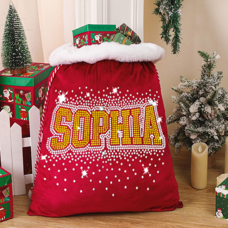 Personalized Christmas Gift Sack Custom Shiny Name Drip Faux Rhinestone Red Santa Bag Letter Holiday Present Storage