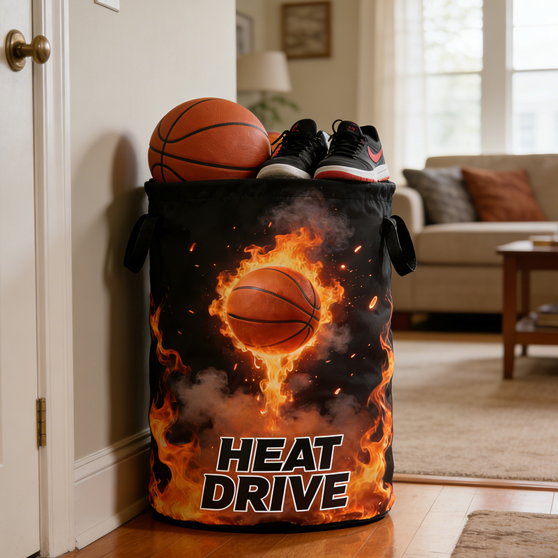 Personalized Flaming Basketball Storage Basket with Custom Text for Basketball Fans