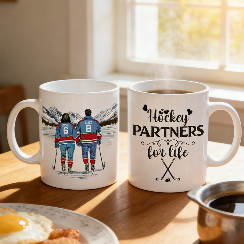 Personalized Couple’s Hockey Mug with Custom Names and Numbers for Hockey-Loving Couples