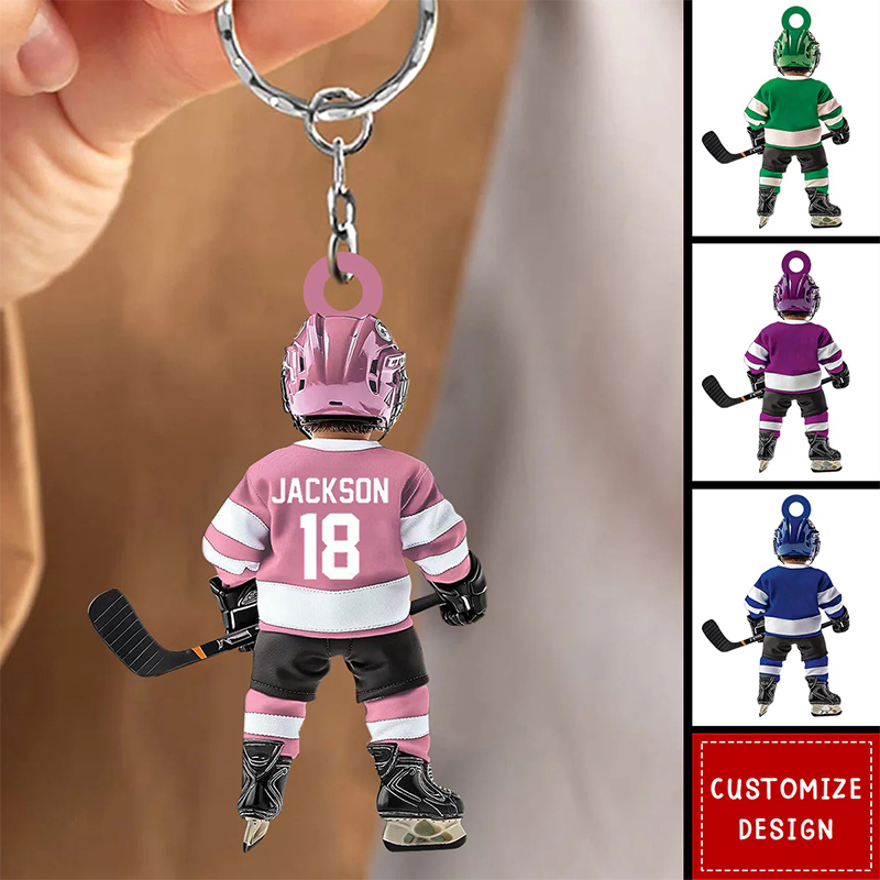 Personalized Acrylic Ice Hockey Player Keychain with Custom Name, Number, and Jersey Design for Ice Hockey Fans