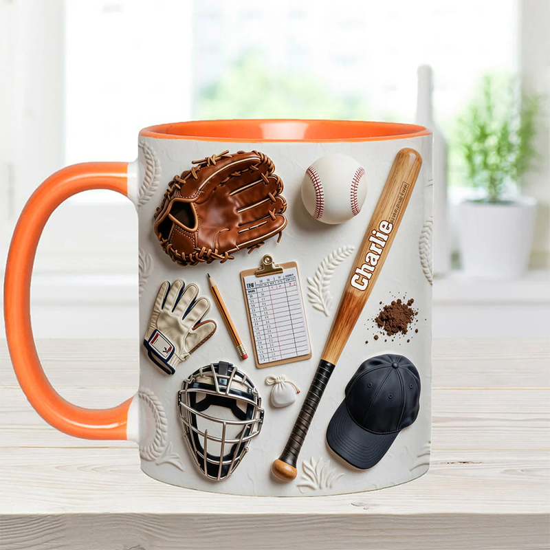 Personalized Baseball Mug with Custom Name and Sports Gear Artwork for Coaches and Baseball Fans