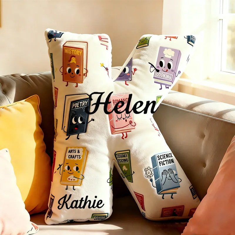 Personalized Book Genres Alphabet Throw Pillow Graphic 3D Cozy Bookish Pillow with Name for Kids Bookworm Librarian Christmas Throw Pillow Bookish Gift