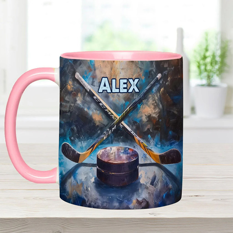 Personalized Ice Hockey Mug with Artistic Stick and Puck Design for Ice Hockey Enthusiasts