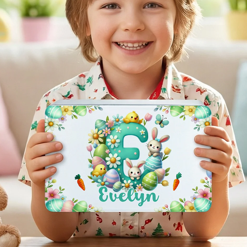 Personalized Cute Cartoon Bunny Easter Eggs Food Grade Metal Biscuit Tin Storage Box with Name Easter Gift for Family Kids