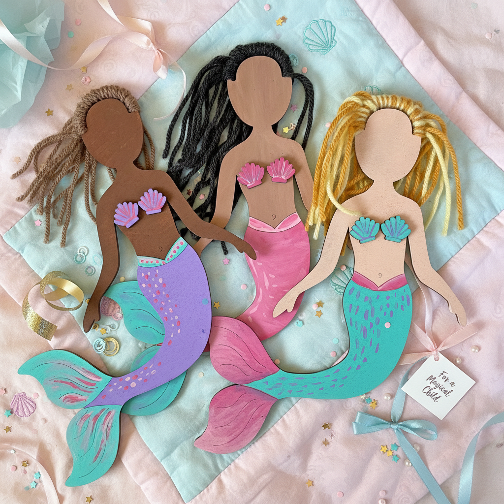 Personalized DIY Mermaid Self-portrait Craft Kit for Kids Wooden Painting and Yarn Hair Design with Custom Name