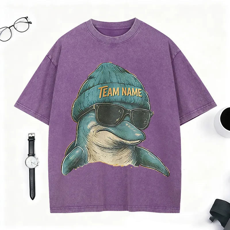 Personalized Retro Football Mascot T-Shirt with Dolphin Graphic and Team Name for Football Fans  