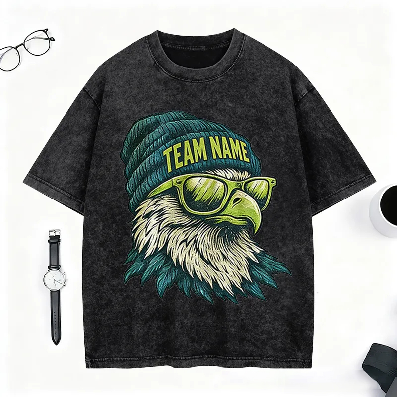 Personalized Football Mascot Washed T-Shirt with Beanie-Wearing Eagle and Custom Team Name for Football Enthusiasts