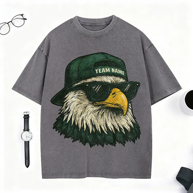 Personalized Football Mascot Washed T-Shirt with Cool Eagle Design and Custom Team Name