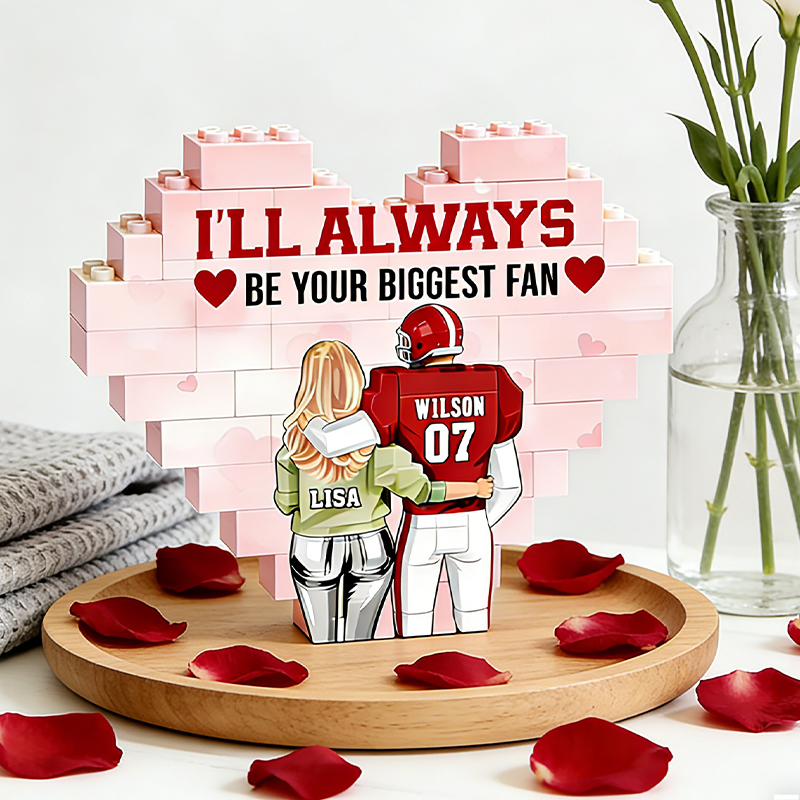 Personalized Football Couples Heart "Biggest Fan" Building Blocks with Custom Names and Number Valentine's Day Gift