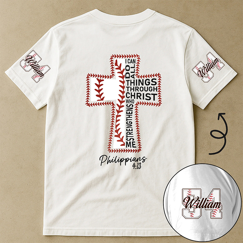 Personalized Baseball and Faith T-Shirt with Philippians 4:13 and Custom Name Christian Sports Gift Religious Gift for Baseball Lover