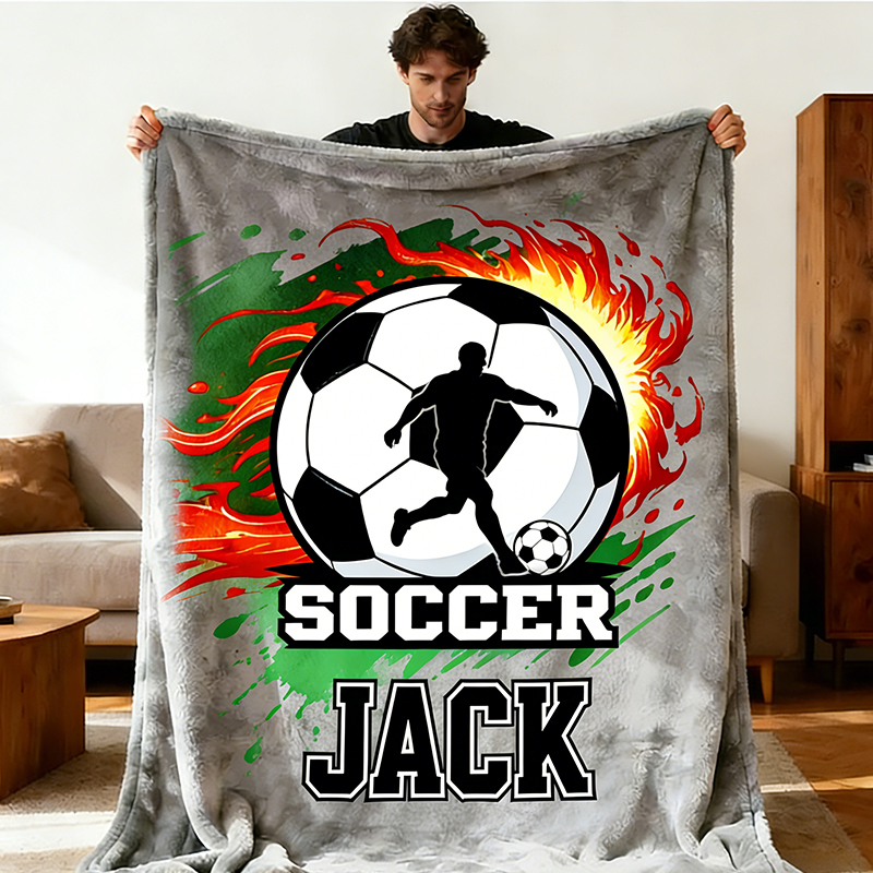 Personalized Soccer Blanket with Custom Name and Fiery Design for Soccer Enthusiasts