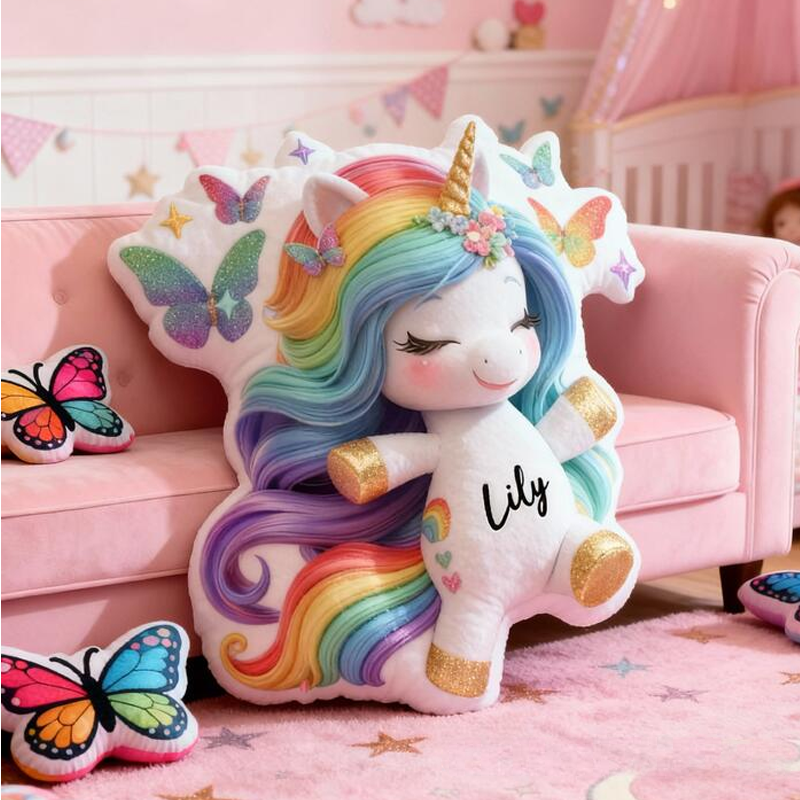 Personalized Pink Butterflies and Horse with Name Graphic 3D Print Pillow Christmas Gift for Kids or Baby Birthday Gifts