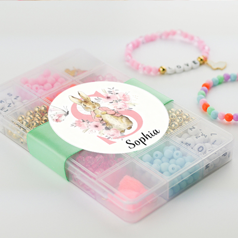Personalized Easter Bracelet DIY Kit for Kids Custom Name Beads and Acrylic Box with Name Sticker Bunny Love Easter DIY Stretchy Bracelet Craft Kit Activity  Perfect Gift for Kids