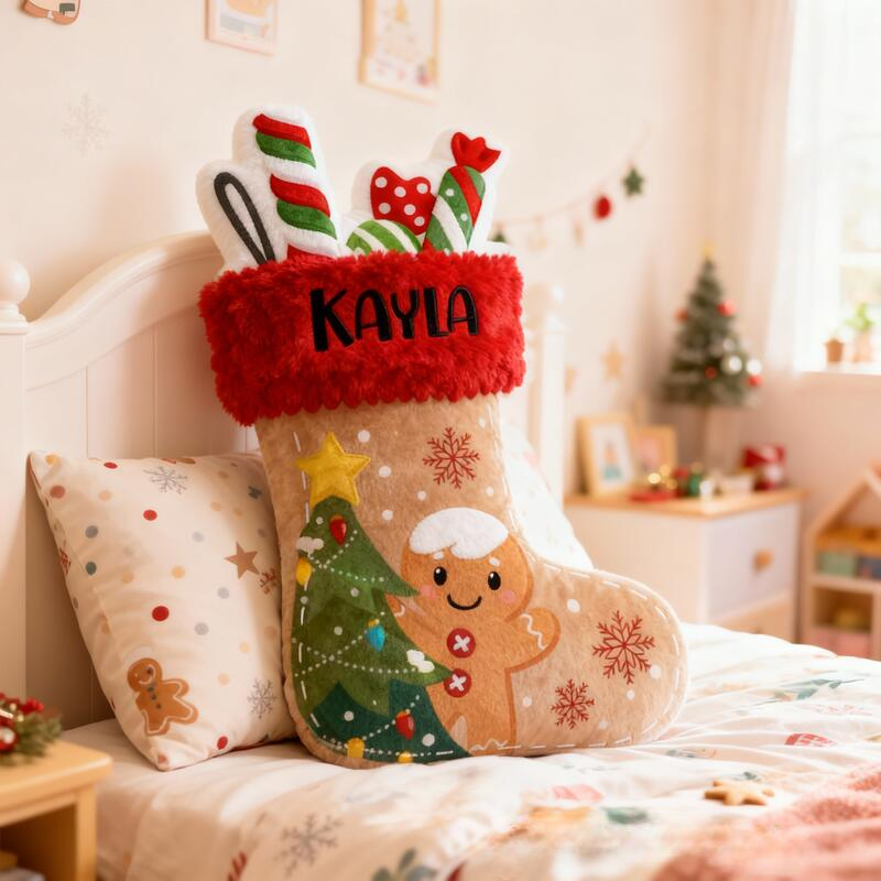 Personalized Cute Gingerbread Man Christmas Stocking with Name Graphic 3D Print Pillow Christmas Gift for Kids or Baby Birthday Gifts